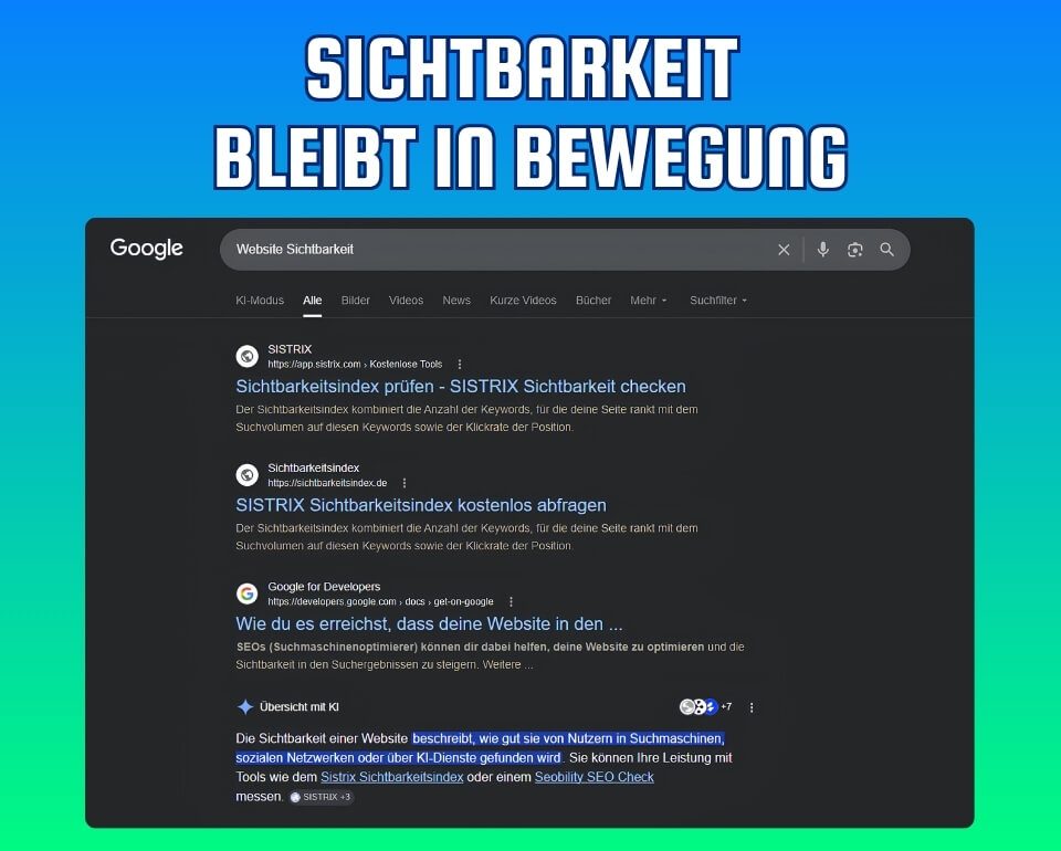 Website Sichtbarkeit ändert sich innerhalb von Stunden Sichtbarkeit bleibt in Bewegung dargestellt auf einem grafischen Banner mit blau grünem Hintergrund und Google Suchergebnis mit KI Übersicht