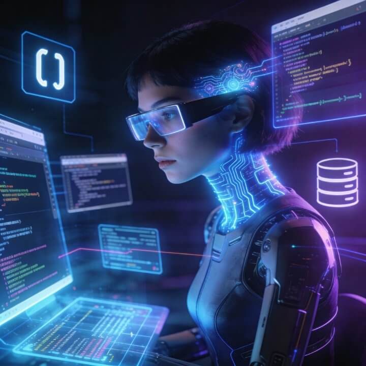 Code-Spezialistin Dora mit Code-Fenstern, Datenbanken und Syntax-Highlighting