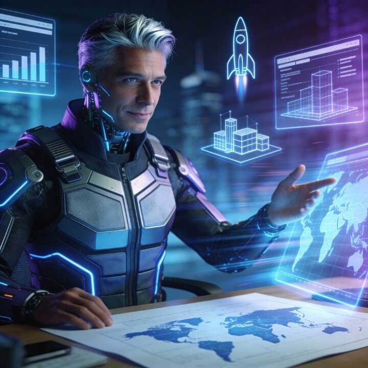 SEO-Stratege Simon mit Weltkarte, Charts und Raketen-Launch-Hologrammen