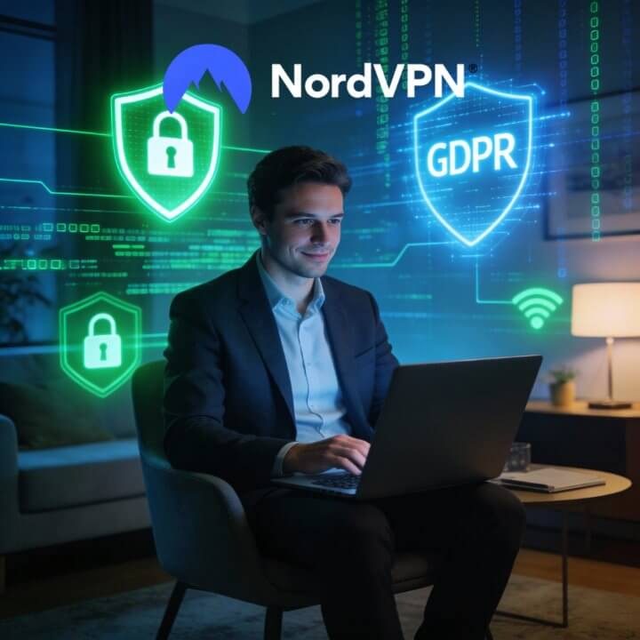 Geschäftsmann mit Laptop umgeben von digitalen Sicherheitssymbolen, NordVPN-Logo und GDPR-Schild